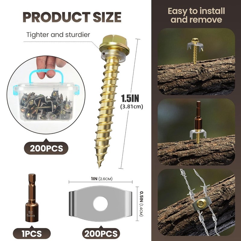 Dabolang 200 PCS Wire Fence Staples with Wire Fixer, Fence Fasteners for Wire Fencing, Fence Post Screws for Softwoods, Reuse/Easy Remove Fence Nails for Mesh and Woven Fencing Repair - Image 2